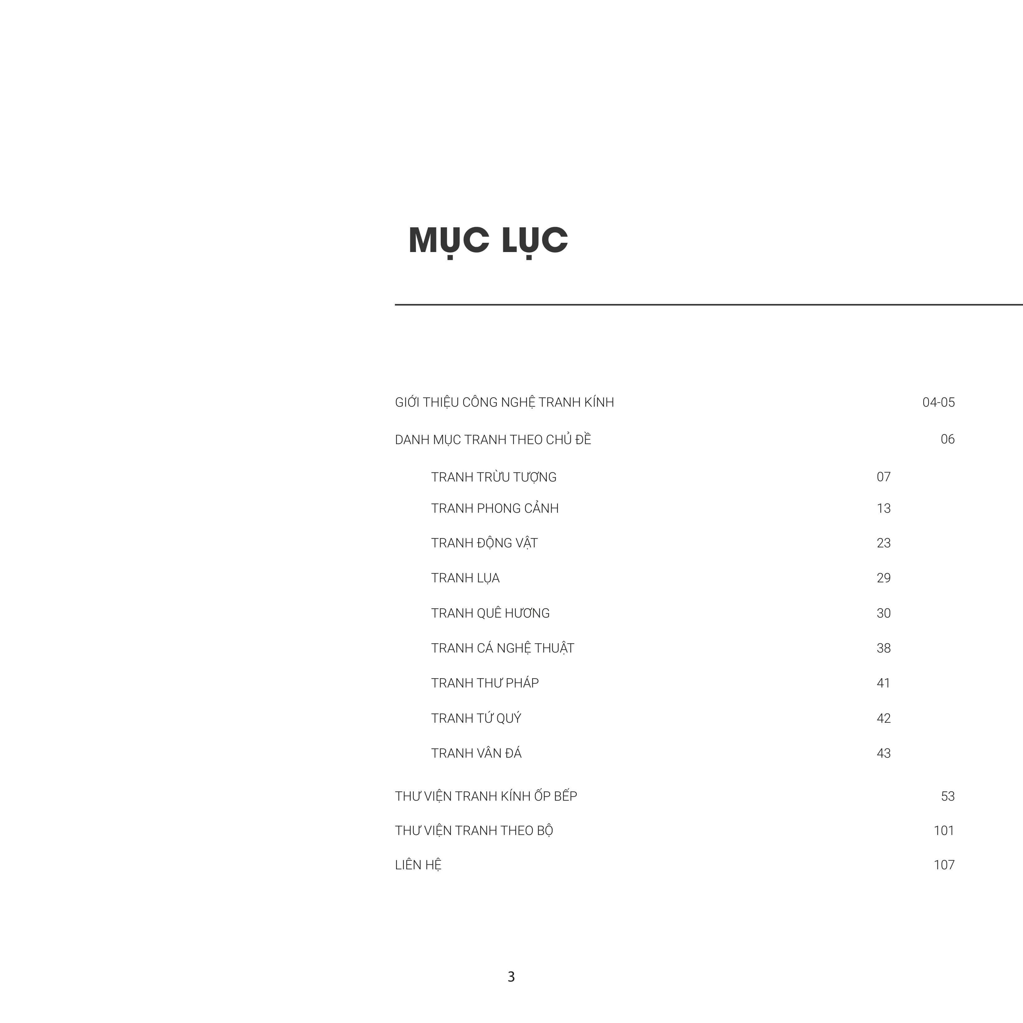 Mục lục catalogue tranh kính nghệ thuật với danh mục tranh trừu tượng, phong cảnh, động vật, thư pháp và liên hệ